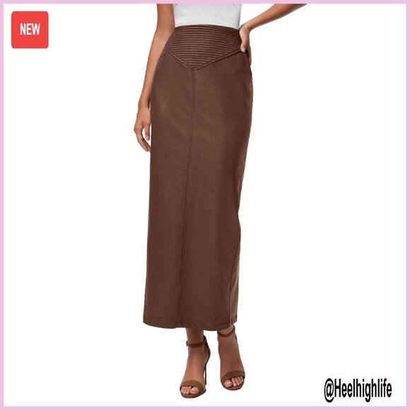 Faux Leather Maxi Pencil Skirt High Waist Back Slit Work Casual